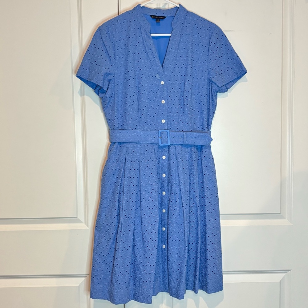 Brooks Brothers Blue Eyelet Button-Front Belted Dress